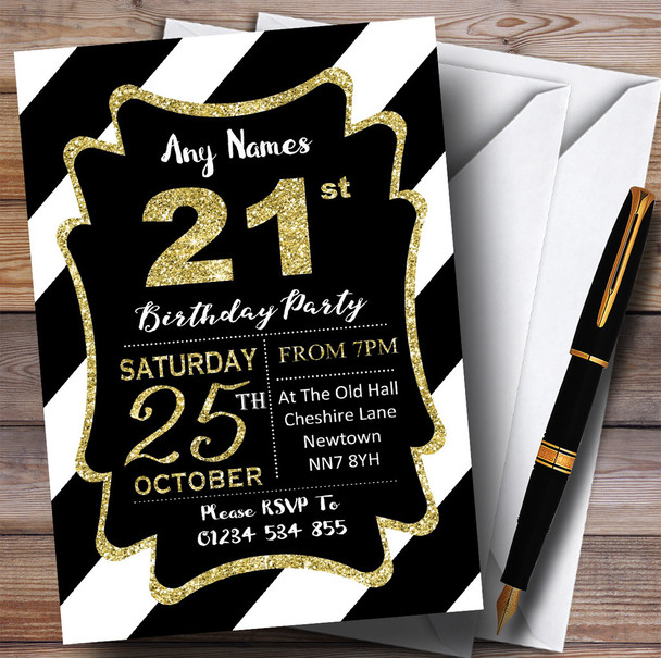 Black White Diagonal Stripes Gold 21st Personalised Birthday Party Invitations