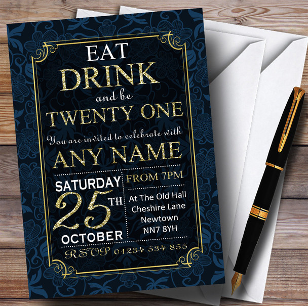 Blue & Gold Flowers 21st Personalised Birthday Party Invitations