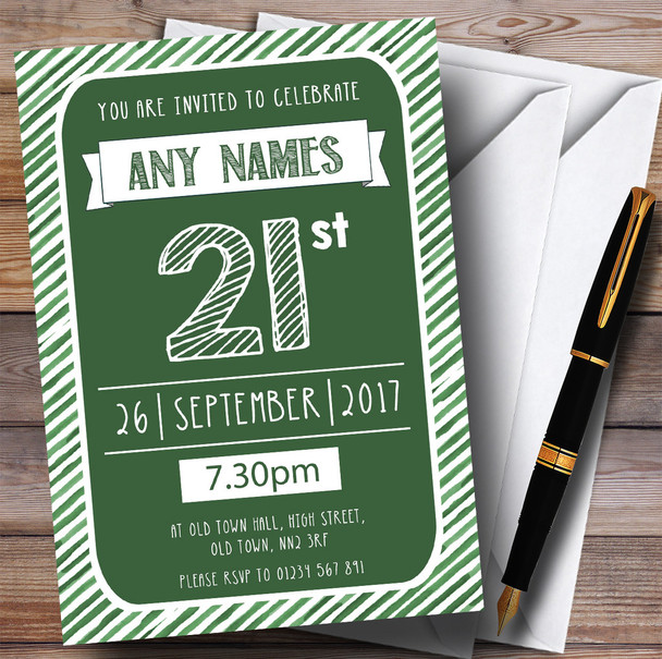 Green & White Stripy Deco 21st Personalised Birthday Party Invitations