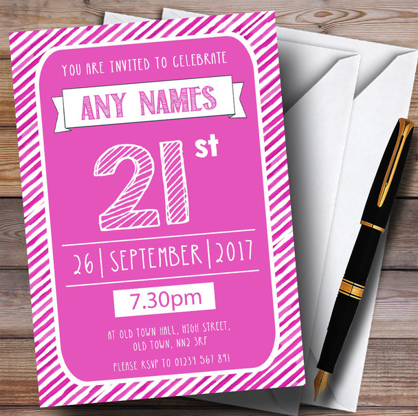 Pink & White Stripy Deco 21st Personalised Birthday Party Invitations