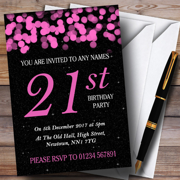 Pink Bokeh & Stars 21st Personalised Birthday Party Invitations