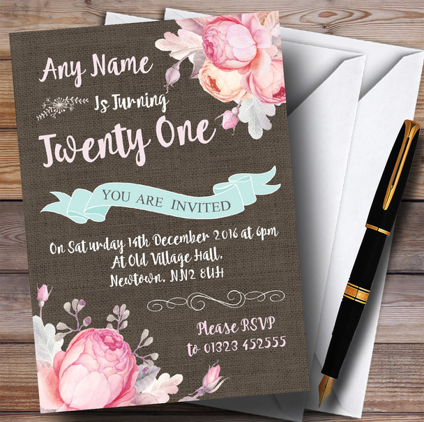 Vintage Burlap Style Floral 21st Personalised Birthday Party Invitations