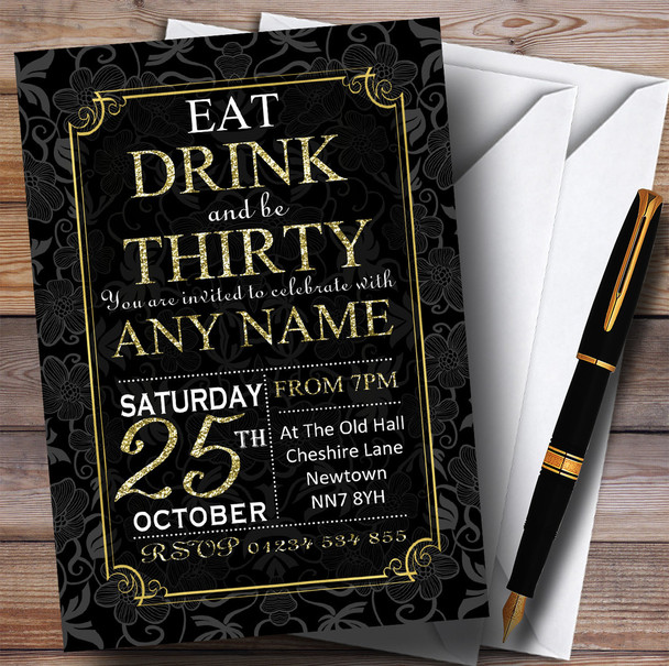 Black & Gold Flowers 30th Personalised Birthday Party Invitations