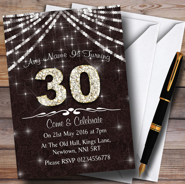 30Th Brown & White Bling Sparkle Birthday Party Personalised Invitations