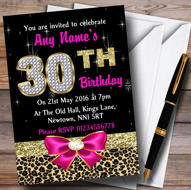 Pink Diamond And Leopard Print 30Th Birthday Party Personalised Invitations