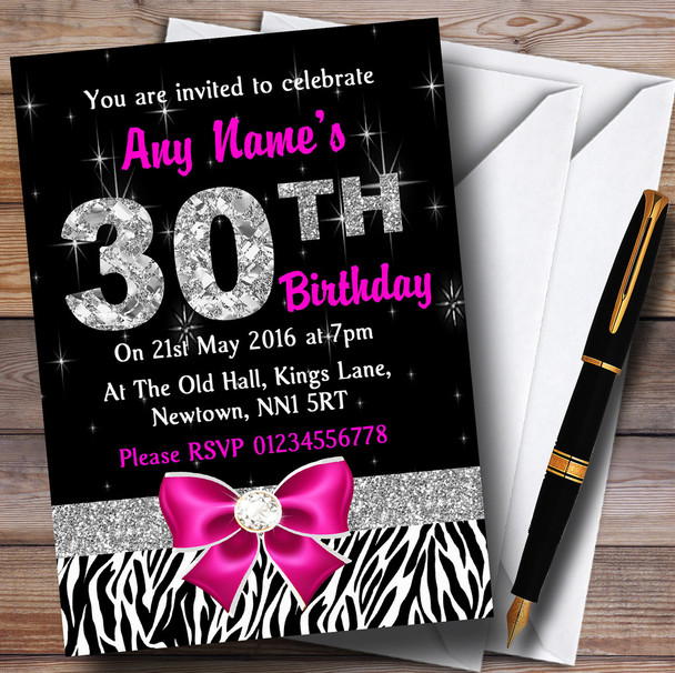 Pink Diamond And Zebra Print 30Th Birthday Party Personalised Invitations