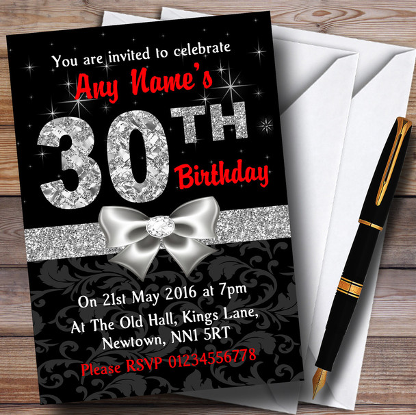 Red Black Silver Diamond 30Th Birthday Party Personalised Invitations