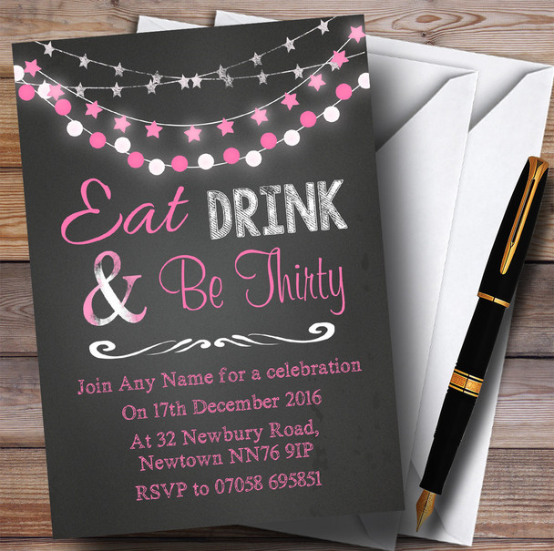 Chalk Pink Lights 30th Personalised Birthday Party Invitations