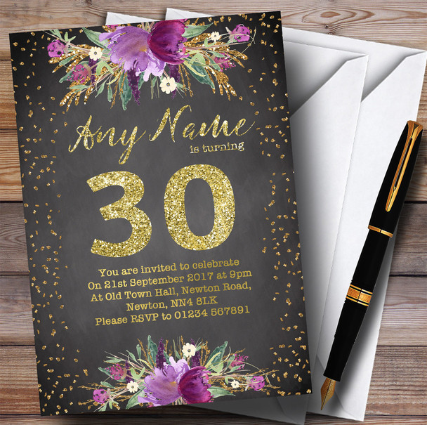 Chalk Watercolour Purple Gold 30th Personalised Birthday Party Invitations