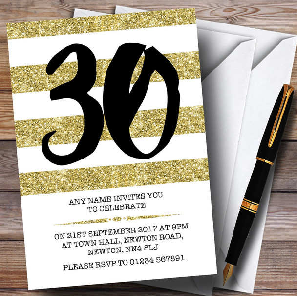 Glitter Gold & White Striped 30th Personalised Birthday Party Invitations