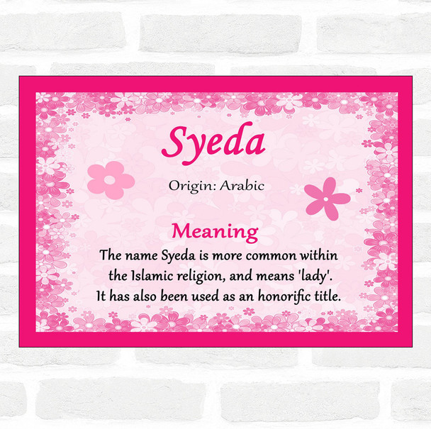 Syeda Name Meaning Pink Certificate