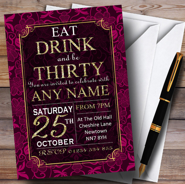 Pink & Gold Flowers 30th Personalised Birthday Party Invitations