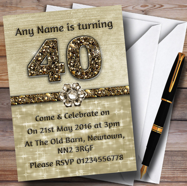 Titanium Gold Sparkly 40Th Personalised Birthday Party Invitations