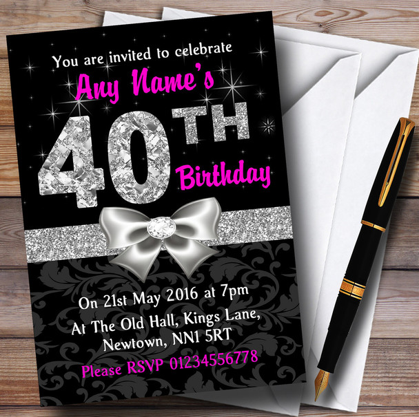 Pink Black Silver Diamond 40Th Birthday Party Personalised Invitations