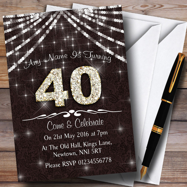 40Th  Brown & White Bling Sparkle Birthday Party Personalised Invitations