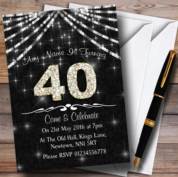 40th Charcoal Grey and White Bling Sparkle Birthday Party Personalised Invitations