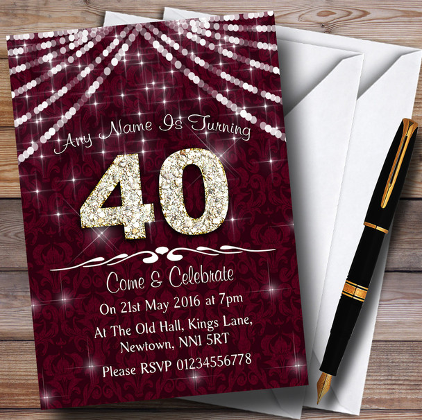 40Th Claret & White Bling Sparkle Birthday Party Personalised Invitations