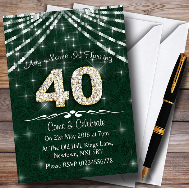 40Th Green & White Bling Sparkle Birthday Party Personalised Invitations