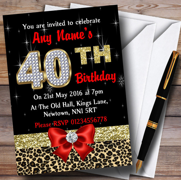 Red Diamond And Leopard Print 40Th Birthday Party Personalised Invitations