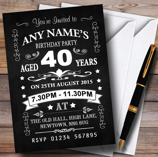 Vintage Chalkboard Style Black And White 40Th Birthday Party Personalised Invitations