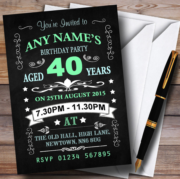 Vintage Chalkboard Style Green And Blue 40Th Birthday Party Personalised Invitations