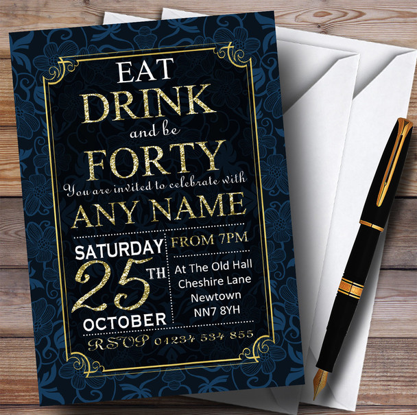 Blue & Gold Flowers 40th Personalised Birthday Party Invitations
