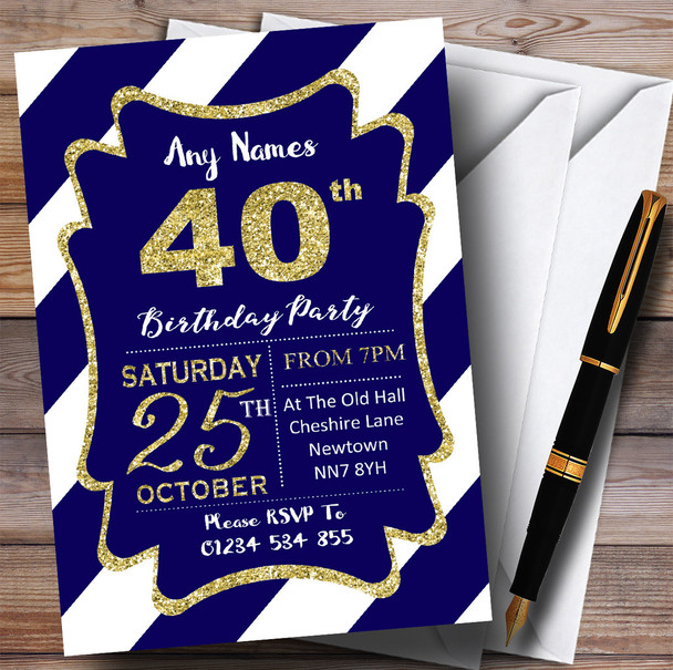 Blue White Diagonal Stripes Gold 40th Personalised Birthday Party Invitations