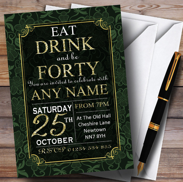 Green & Gold Flowers 40th Personalised Birthday Party Invitations