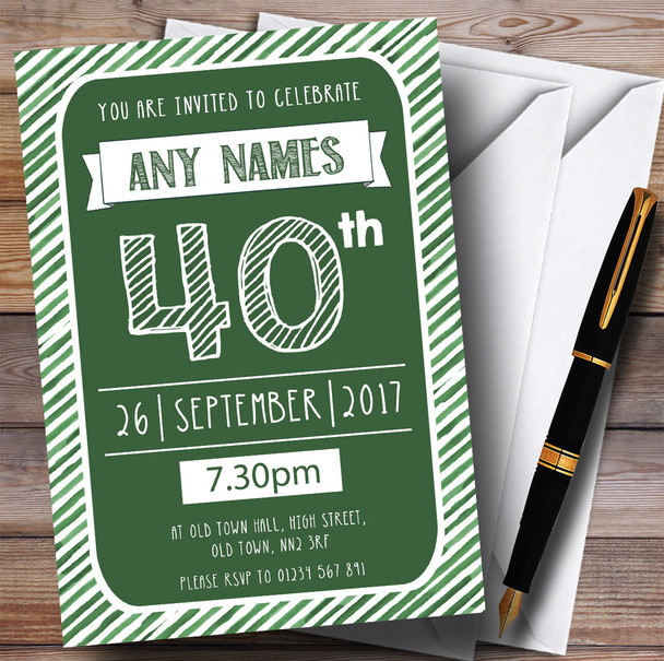 Green & White Stripy Deco 40th Personalised Birthday Party Invitations