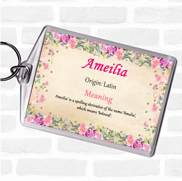 Ameilia Name Meaning Bag Tag Keychain Keyring  Floral