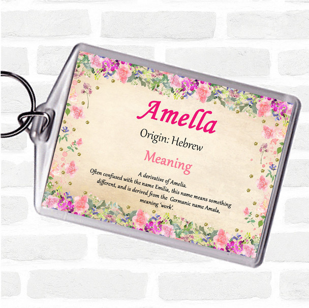 Amella Name Meaning Bag Tag Keychain Keyring  Floral