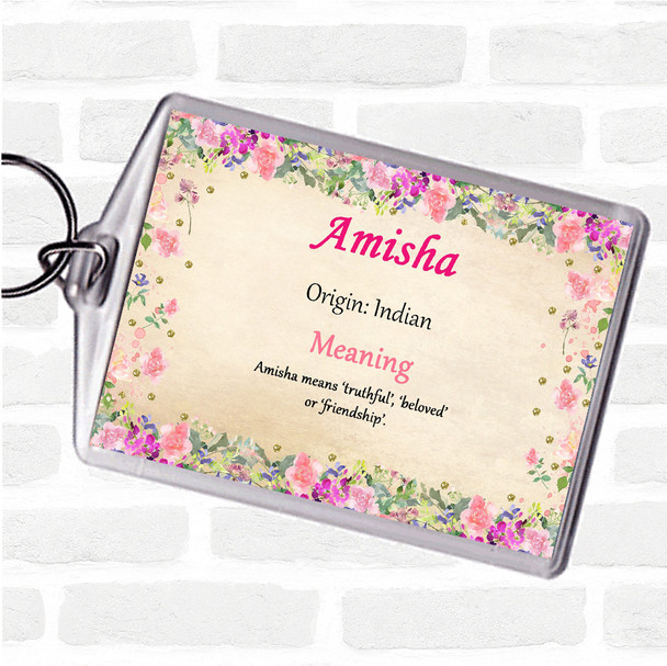 Amisha Name Meaning Bag Tag Keychain Keyring  Floral