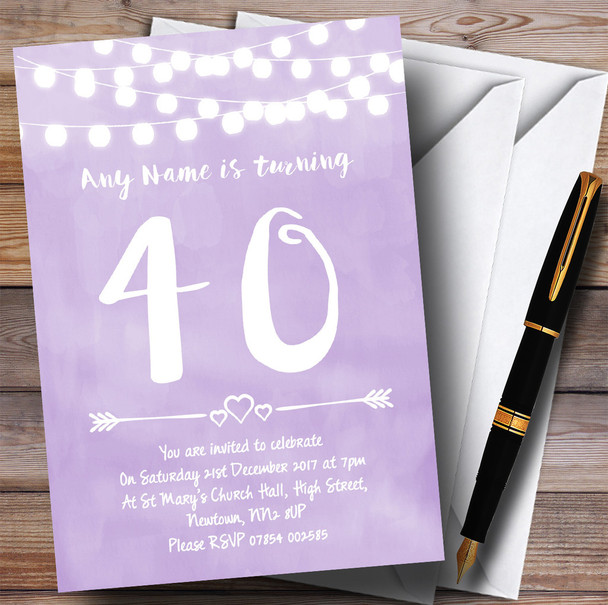 Purple Lilac Lights 40th Personalised Birthday Party Invitations