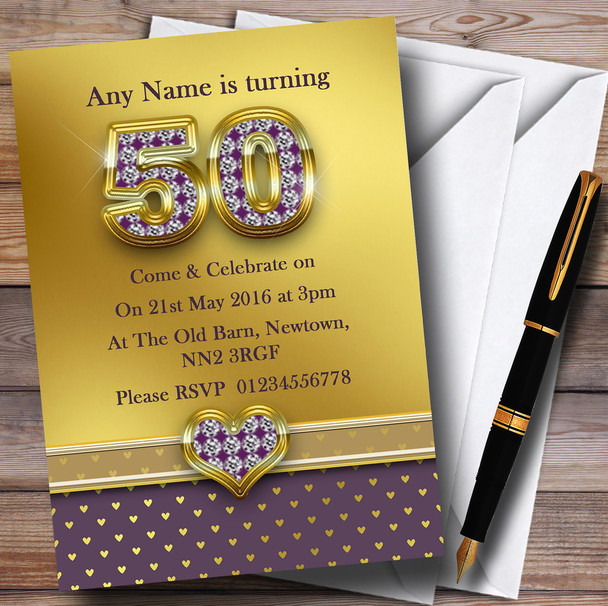 Gold Satin And Purple Hearts 50Th Personalised Birthday Party Invitations
