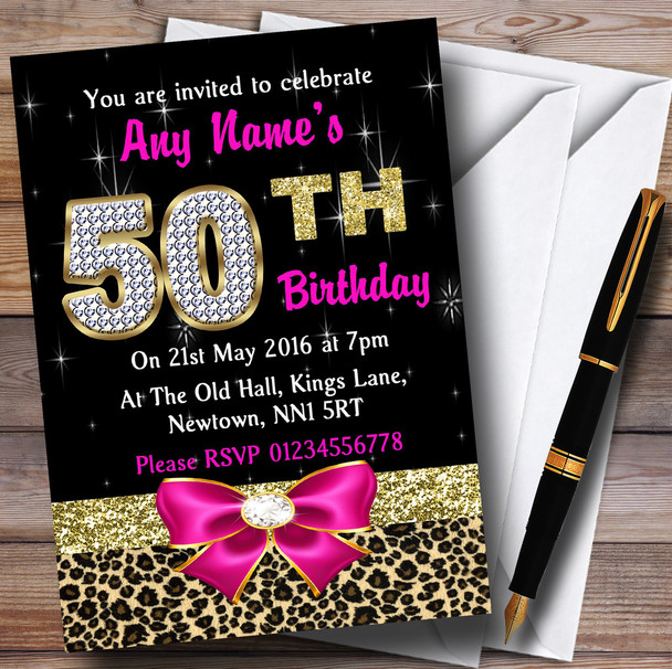 Pink Diamond And Leopard Print 50Th Birthday Party Personalised Invitations