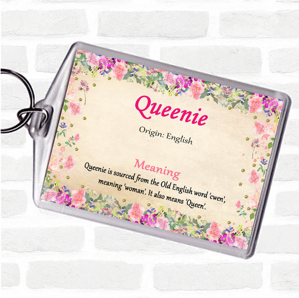 Queenie Name Meaning Bag Tag Keychain Keyring  Floral