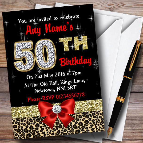 Red Diamond And Leopard Print 50Th Birthday Party Personalised Invitations