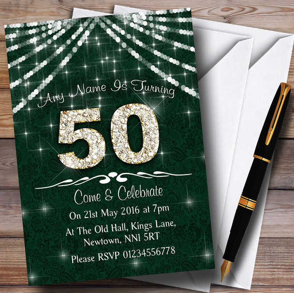 50Th Green & White Bling Sparkle Birthday Party Personalised Invitations