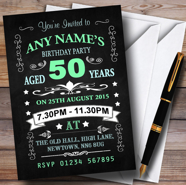 Vintage Chalkboard Style Green And Blue 50Th Birthday Party Personalised Invitations