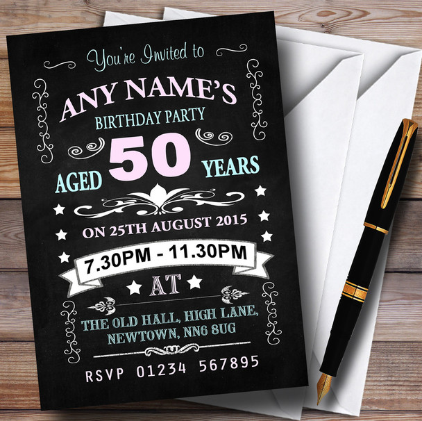 Vintage Chalkboard Style Pink And Blue 50Th Birthday Party Personalised Invitations