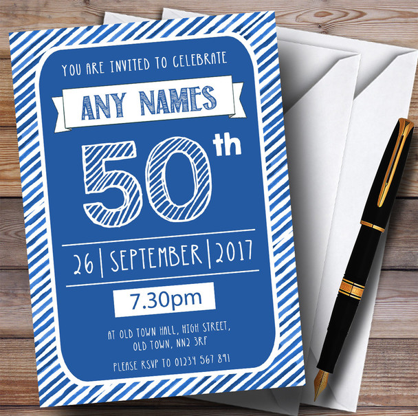 Blue & White Stripy Deco 50th Personalised Birthday Party Invitations