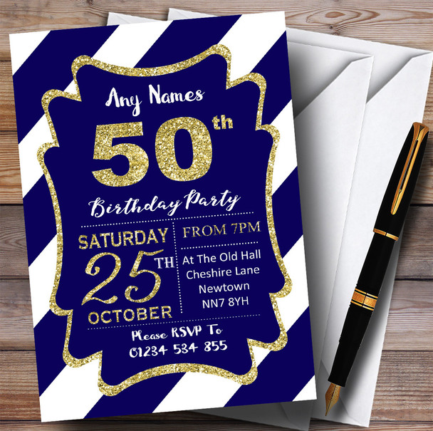 Blue White Diagonal Stripes Gold 50th Personalised Birthday Party Invitations