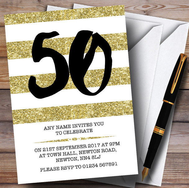 Glitter Gold & White Striped 50th Personalised Birthday Party Invitations