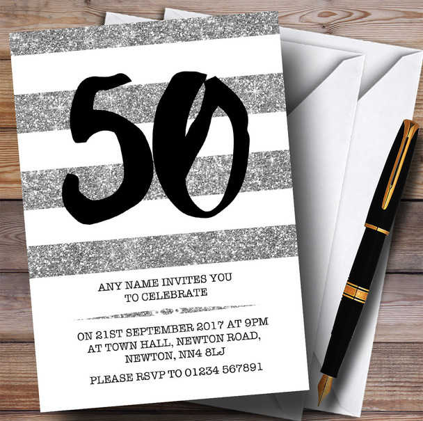 Glitter Silver & White Striped 50th Personalised Birthday Party Invitations