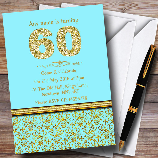 Aqua Sky Blue and Gold Vintage Damask 60th Personalised Birthday Party Invitations