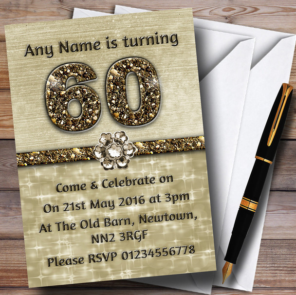 Titanium Gold Sparkly 60Th Personalised Birthday Party Invitations