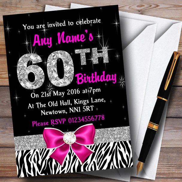 Pink Diamond And Zebra Print 60Th Birthday Party Personalised Invitations