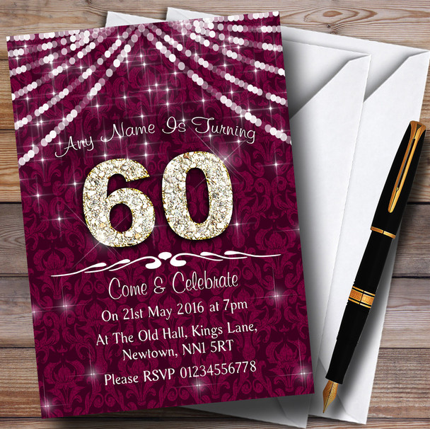 60Th Cranberry & White Bling Sparkle Birthday Party Personalised Invitations