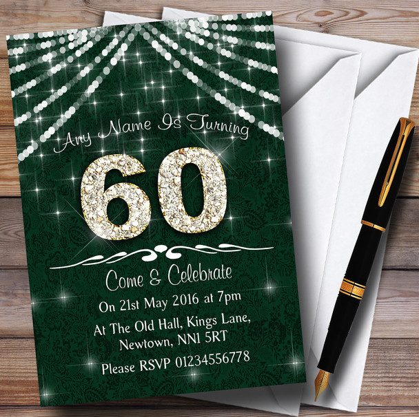 60Th Green & White Bling Sparkle Birthday Party Personalised Invitations