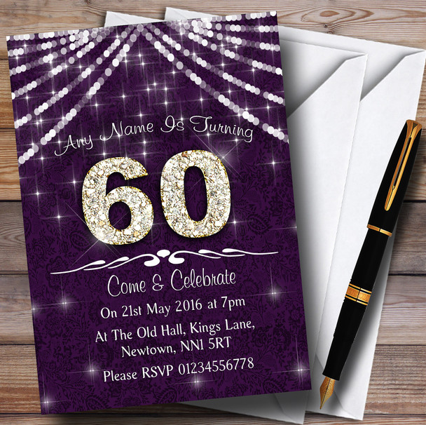 60Th Purple & White Bling Sparkle Birthday Party Personalised Invitations